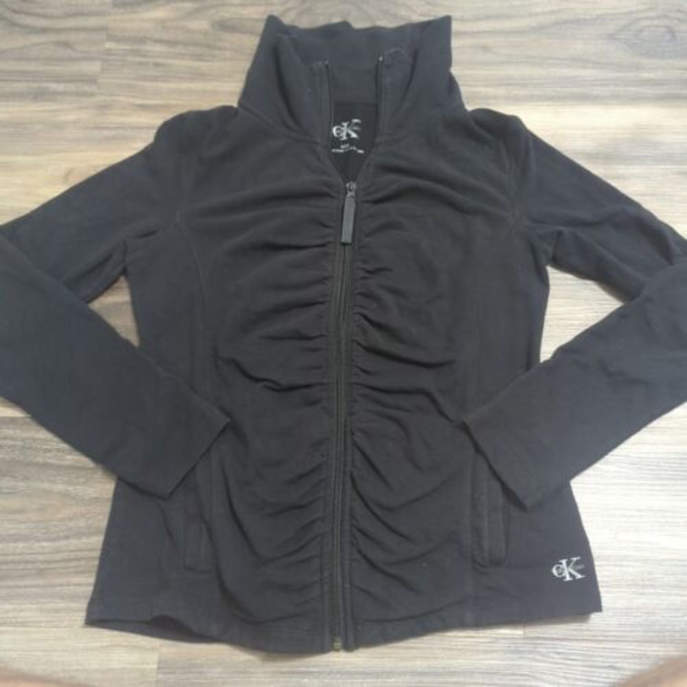 Calvin Klein Womens S Jacket Zip Up Sweatshirt Black Ruched Slimming H18B